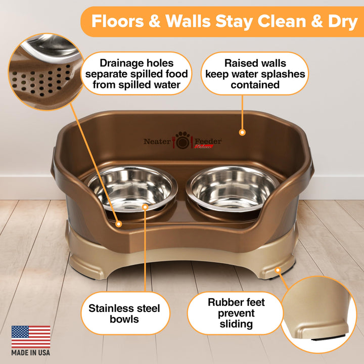 Neater Feeder Deluxe Mess Proof Dog Bowls Elevated for Small Breed – Made in USA – No Spill Raised Dog Food Bowl Stand – Stainless Steel Food and Water Bowl Set, Pet Feeding Station, Bronze