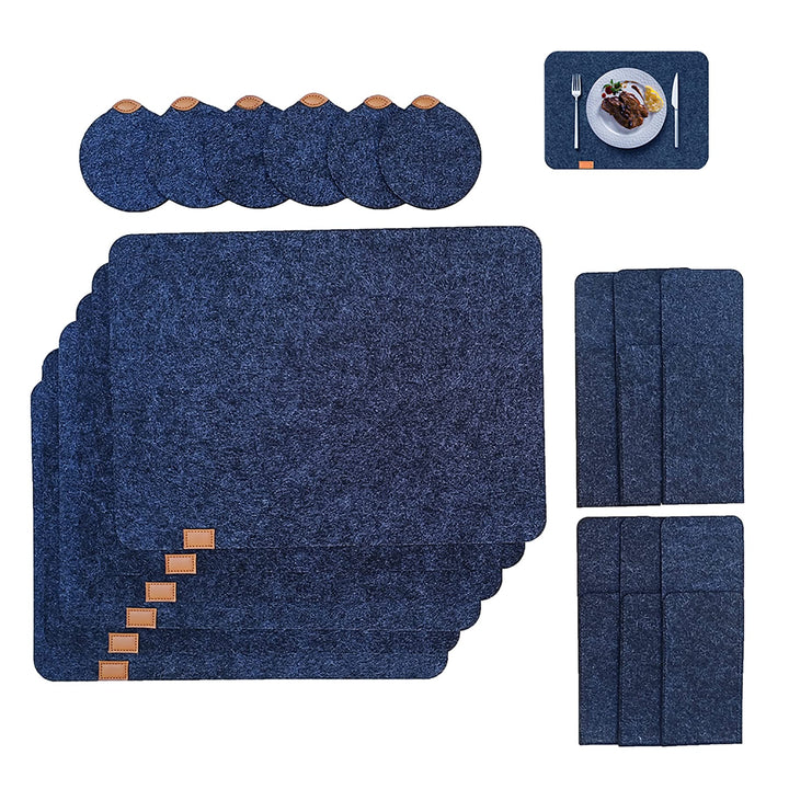 Dining Table Mat, Felt Table Mat Set, 6 Table Mats, 6 Glass Coasters, 6 Tableware Bags, High Temperature Resistant Washable Non-Slip Placemats (Dark Grey)