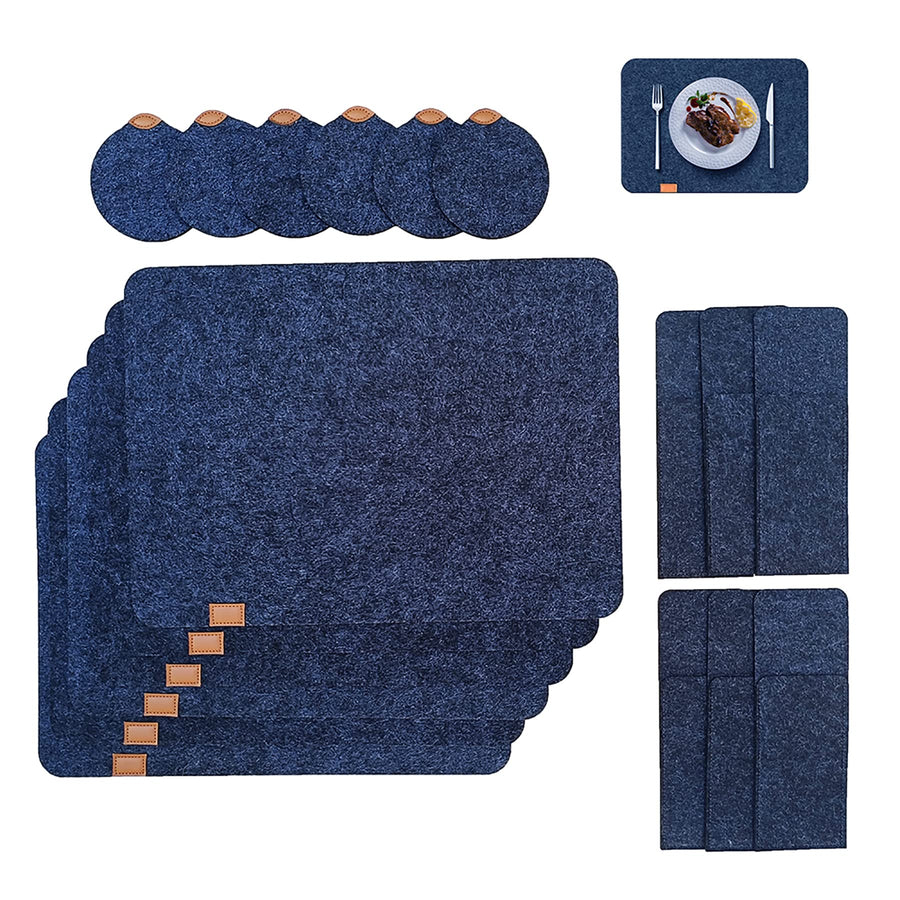 Dining Table Mat, Felt Table Mat Set, 6 Table Mats, 6 Glass Coasters, 6 Tableware Bags, High Temperature Resistant Washable Non-Slip Placemats (Dark Grey)