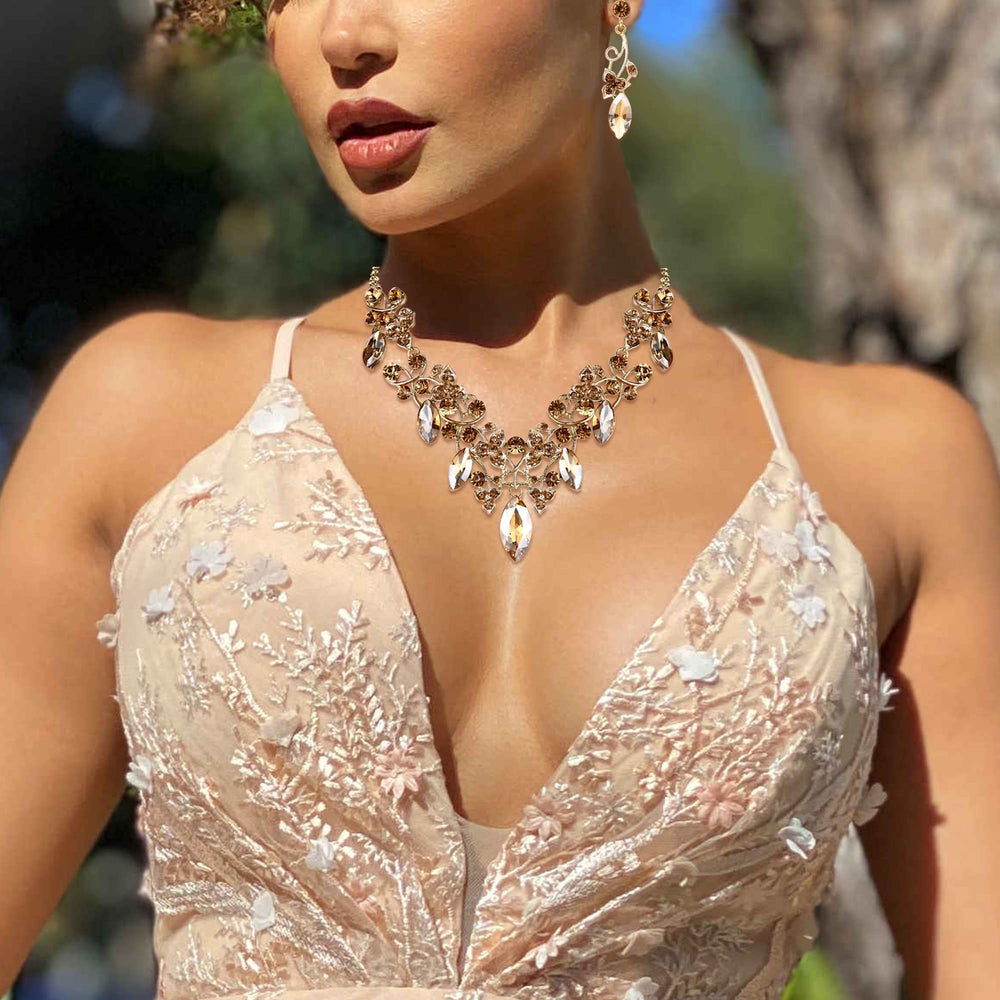 Costume Fashion Necklace Earrings Jewelry Set for Women Crystal Floral Vine Leaf Statement Necklace Dangle Earrings Set Champagne Gold-Toned