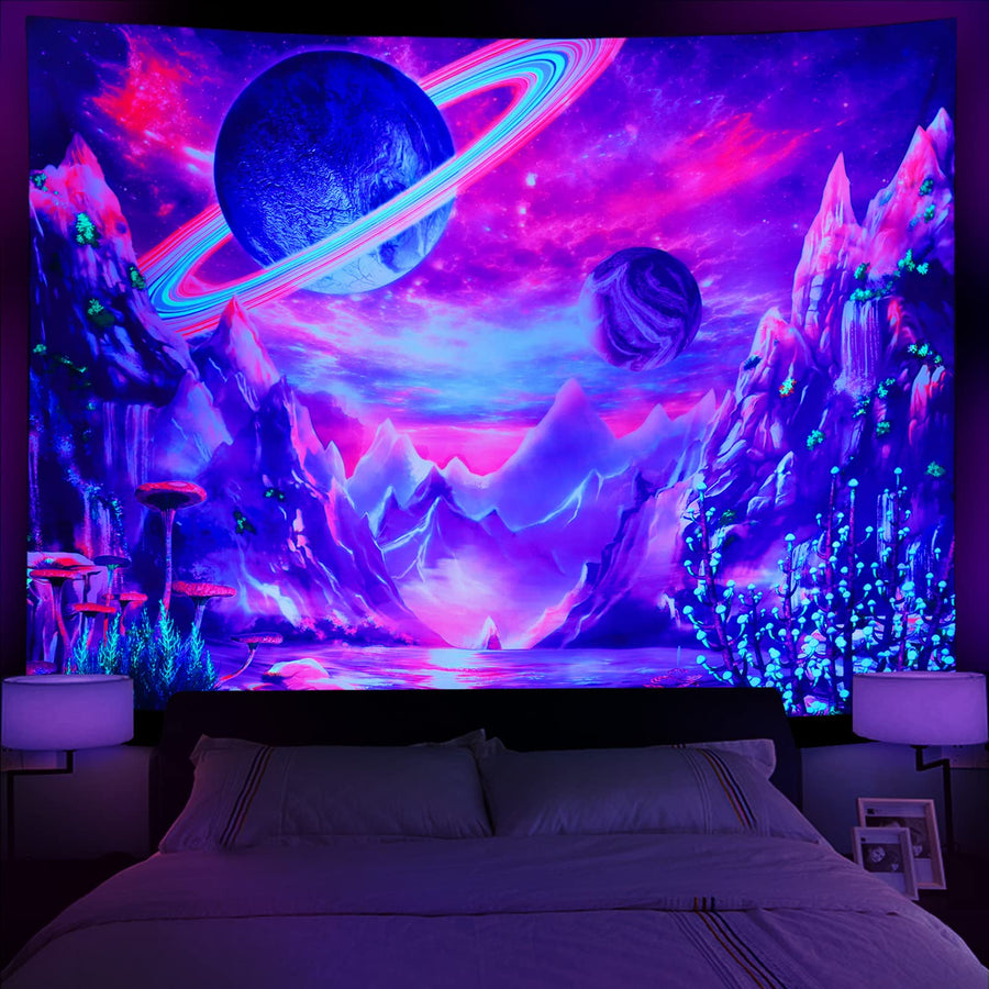 Blacklight Planet Tapestry UV Reactive Galaxy Space Tapestry Mountain Black light Tapestries Neon Aesthetic Tapestry for Bedroom Living Room (Blacklight Planet, 39.4 × 52.4 inches)