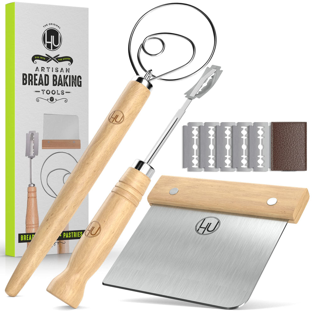 Bread Making Tools and Supplies - Set of 3 - Danish Dough Whisk, Bread Lame, Bench Scraper - Dough Hook with Bread Scraper, Lame Bread Tool, Blades - Great for Baking Sourdough, Pizza, Pastry