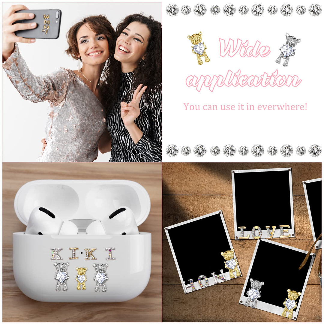 82 Pieces 3D Nail Art Charms Gold Silver Bear Nail Charms Rhinestone Nails with Heart Shiny Capital Letter Charms for Nails Crystal Alloy Letter Nail Charms Nail Stud for Women Girls DIY