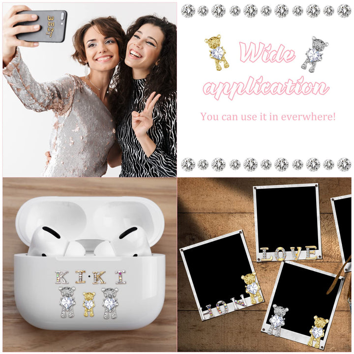 82 Pieces 3D Nail Art Charms Gold Silver Bear Nail Charms Rhinestone Nails with Heart Shiny Capital Letter Charms for Nails Crystal Alloy Letter Nail Charms Nail Stud for Women Girls DIY