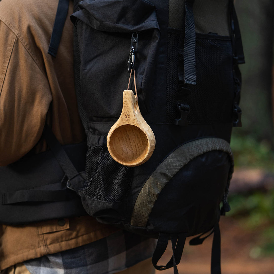 GCS Handmade Kuksa Wood Camp Mug with Fork and Spoon Lightweight &amp; Eco-Friendly Traditional Handcrafted Wooden Cup with Natural Chestnut Bushcraft or Camping Leather Lanyard