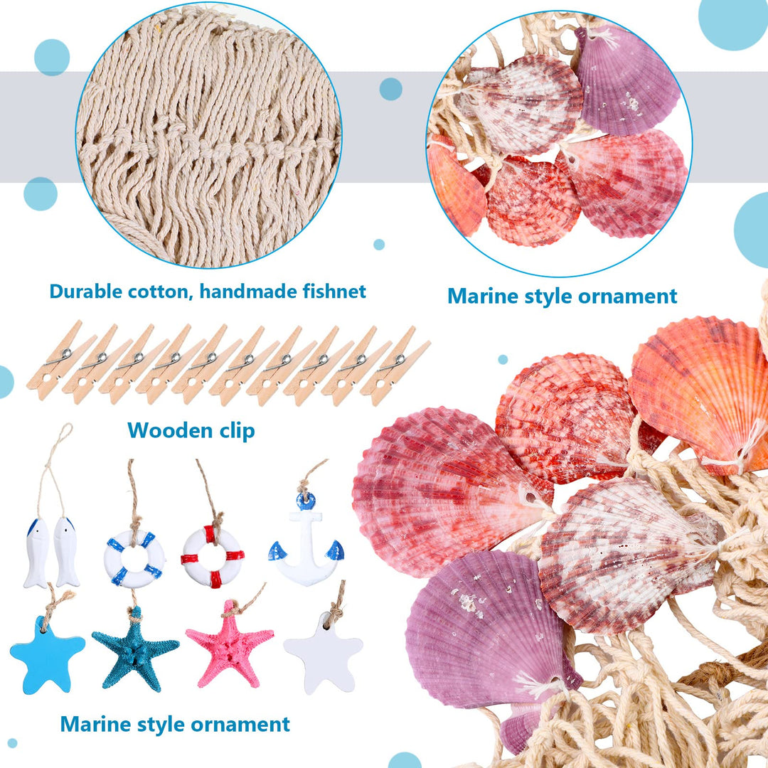 28 Pcs Fishnet Decorative Nature Fish Net Wall Decoration Set 79 x 59 Inch Nautical Fishing Net Hanging Decor, 9 Sea Shells, 4 Starfish, 2 Life Ring, Fish, Anchor, 10 Clips for Party (White)