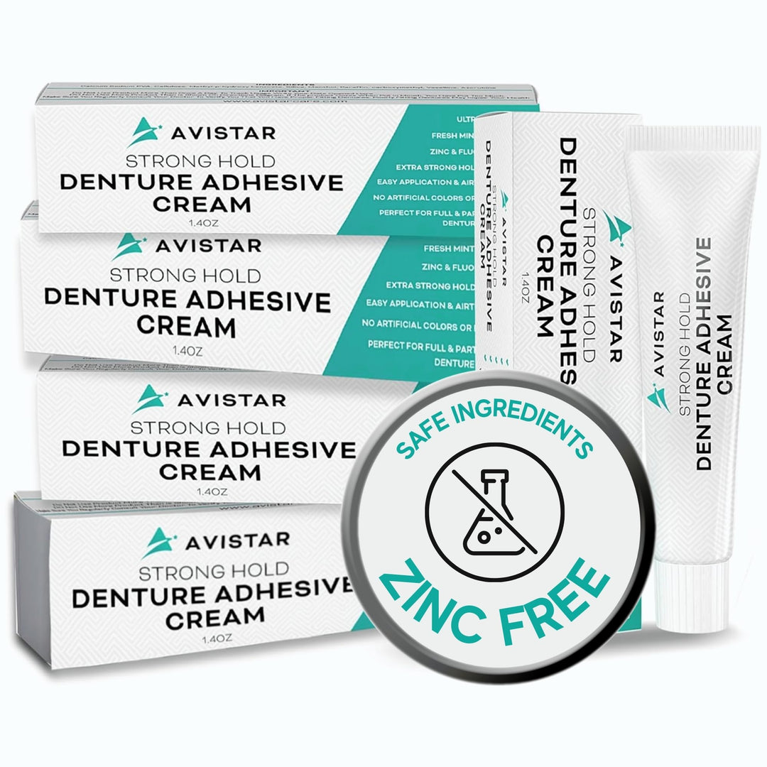 Extra Strong Denture Adhesive Cream, 12 Hour Hold Dental Glue, Waterproof, Zinc &amp; Fluoride Free, Easy Apply Nozzle, Seals Food Out for Comfort, Mint Flavor (5 Pack, 7 Fl Oz)