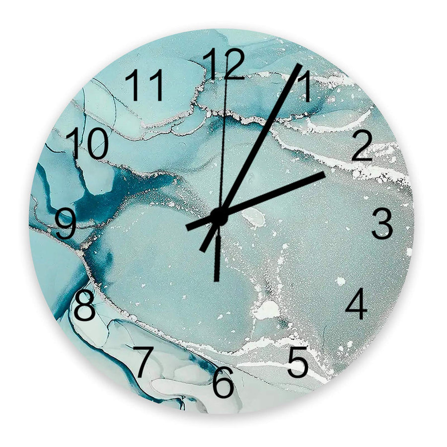 12 Inch Gradient Marble Round Wooden Wall Clock, Gradient Turquoise to Grey with Silver Stripes Wall Clock Battery Operated Abstract Wall Clock with Arabic Numerals for Living Room, Kitchen, Laundry