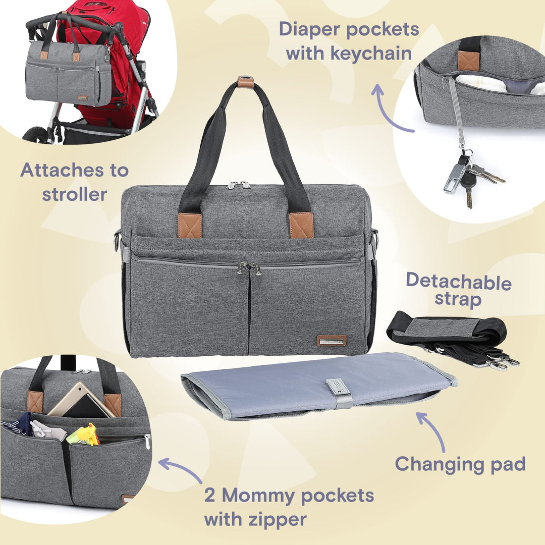 Diaper Bag Tote, Hospital Bags for Labor and Delivery, Multifunction Large Travel Weekender Overnight Bag for Mom and Dad, Convertible Baby Bag for Boy and Girls Gray