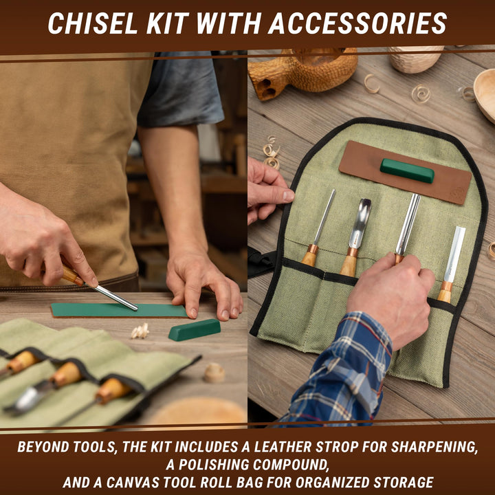 Wood Carving Chisel Set SC01 - Gouge Wood Carving Tools Kit in Rolling Pouch with Leather Strop Polishing Compound Kit - Radial Gouges Flat Chisel Bent Gouge (Chisel Set)