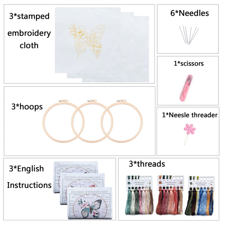 3 Set Embroidery Kit for Beginner, Flower Pattern Starter Kit, Art Craft Hand Sewing,Needle tip kit for Adults, Women&#39;s Crafting Hobby
