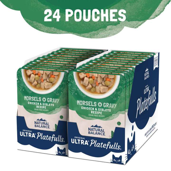 Original Ultra Platefulls Adult Grain Free Wet Cat Food Salmon, Chicken &amp; Giblets Formula in Gravy, 3 Ounce Pouch (Pack of 24)