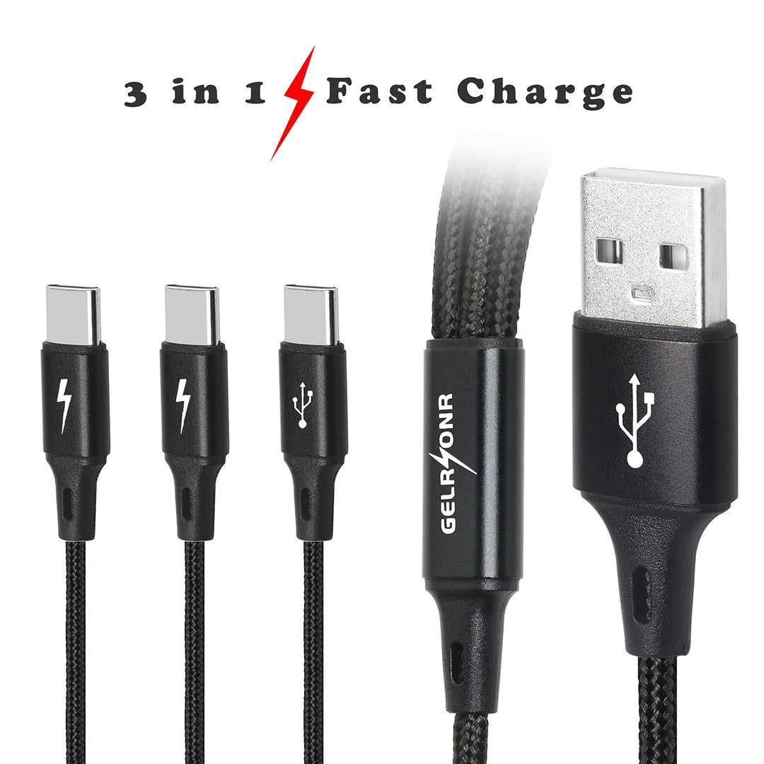 Multi-USB C Cable 3A, 3 Type-C Male Plugs, 3-in-1 Nylon Braided Charging Cable, Compatible with Tablets, Mobile Phones/Android, etc. 4FT-1.25M (4FT-1.25M)