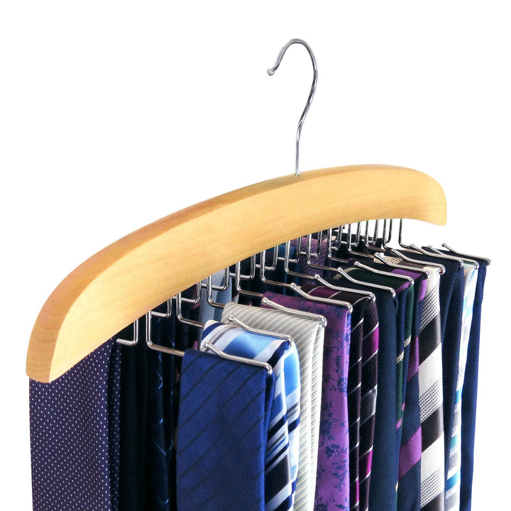 Hanging Tie Holder Organizer Rack - Premium Wooden Tie Hanger with 24 Folding Accessory Hooks for Closet Space Saving