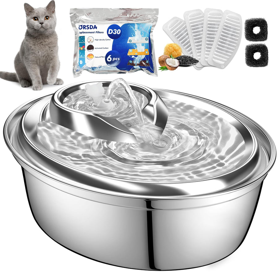 Cat Water Fountain Stainless Steel, 2L Pet Fountain for Cats Inside, Dog Water Dispenser, Automatic Cat Drinking Fountains with 6 Replacement Filters for Cats, Small Dogs