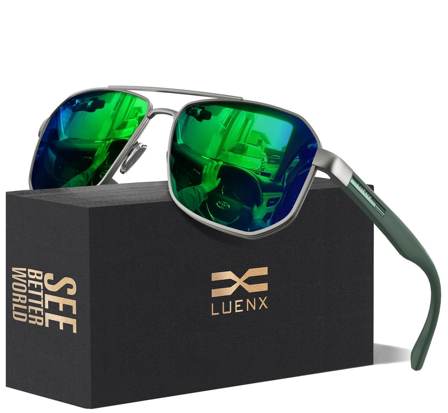 Aviator Sunglasses for Men Driving Square Polarized Polygon Lens - UV 400 Protection with Accessories(Mirror Green Lens)