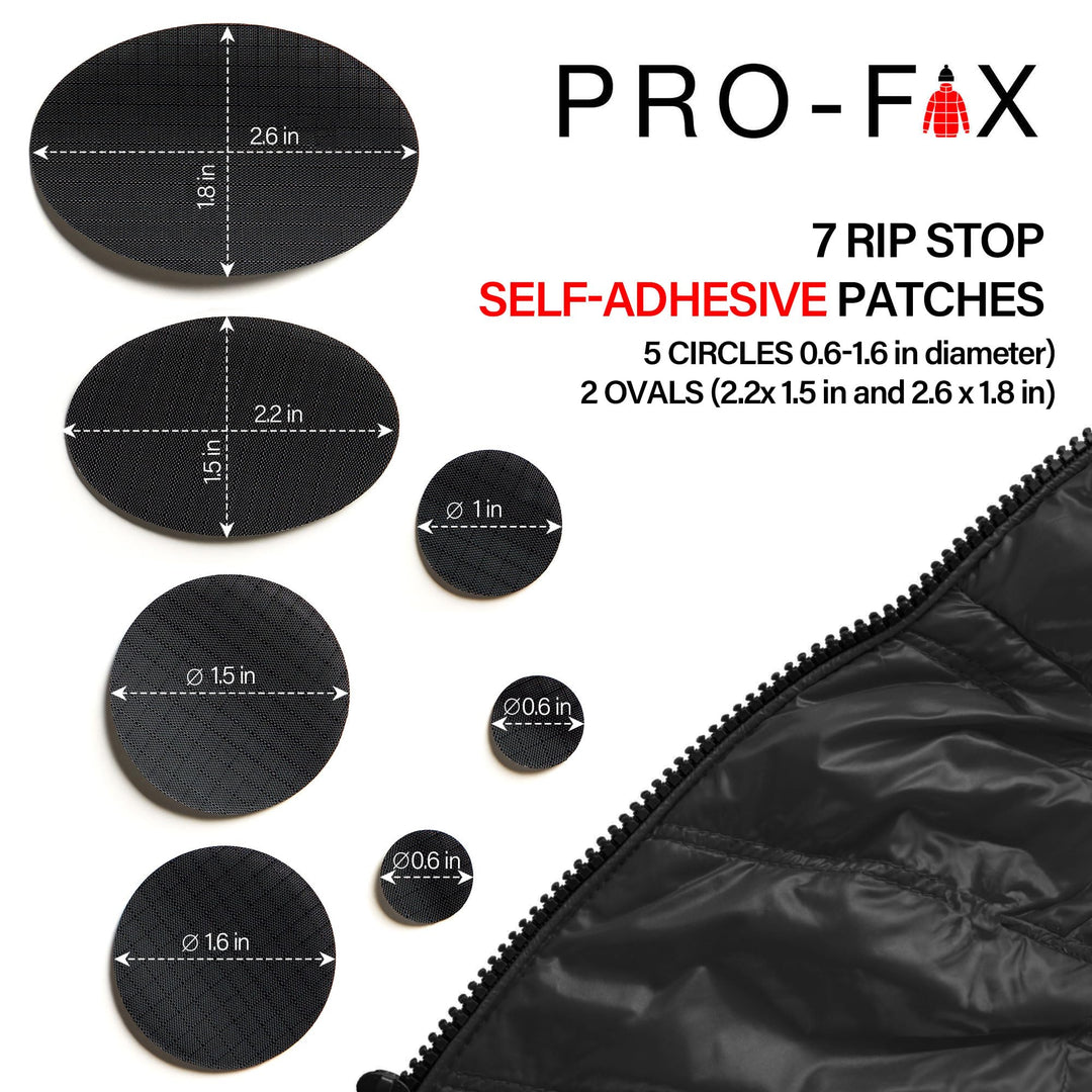 Pro-Fix Down Jacket Repair Patches Easy to Use, Pre-Cut, Self-Adhesive, Waterproof, Tear-Resistant Rip-Stop Nylon Fabric Patches for Jackets &amp; Patches for Clothing, Down Jacket Patches - Black