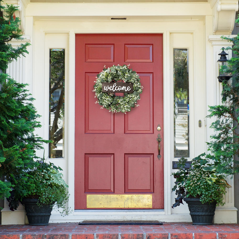 16in Artificial Eucalyptus Wreath with Welcome Sign Green Eucalyptus Leaf Wreath Greenery Wreath Round Leaves Wreath for Front Door Wall Window Festival Farmhouse Porch Patio Garden Decor