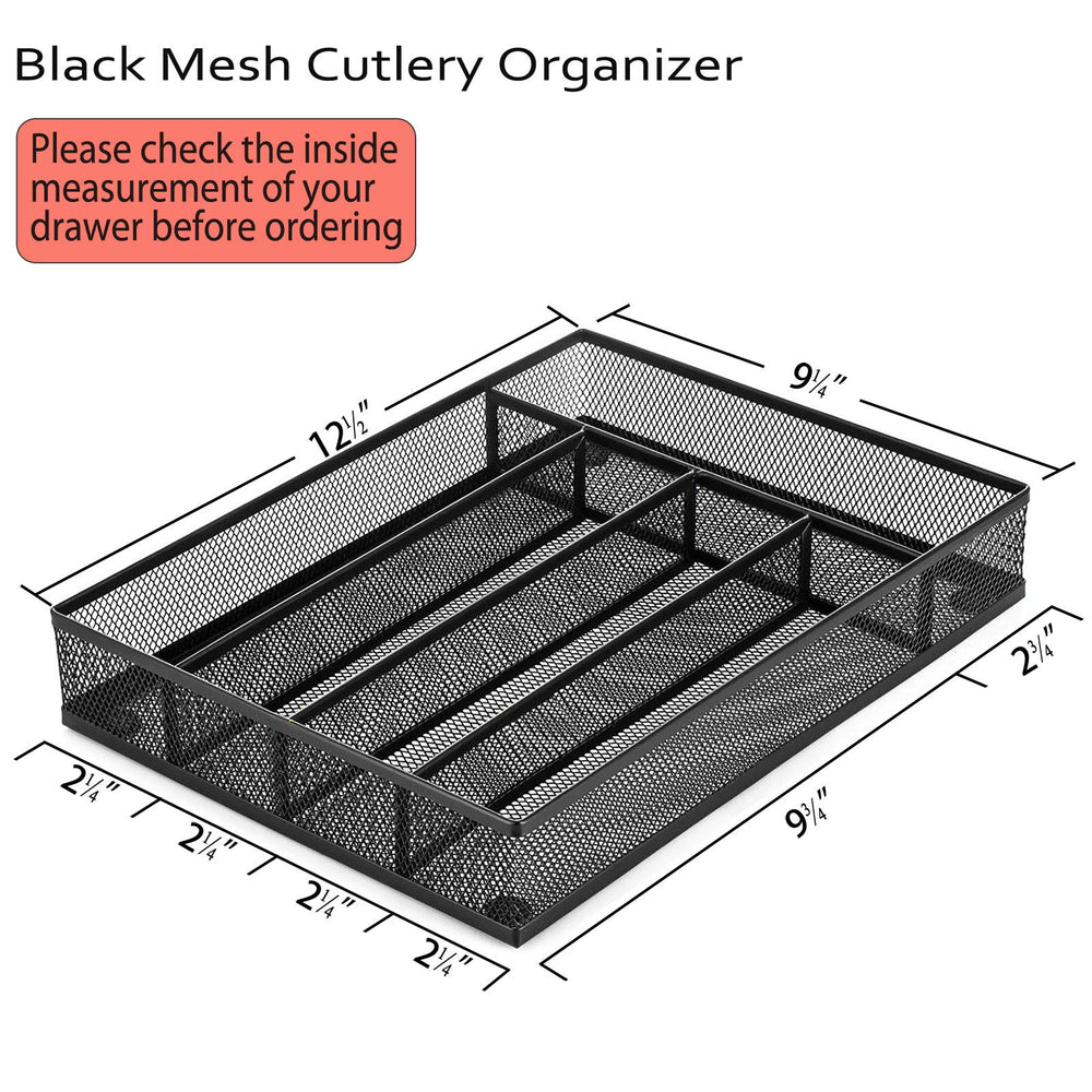 Silverware Drawer Organizer, Mesh Wire Utensil Tray Drawer Organizer for Kitchen, Black Narrow Metal Flatware Cutlery Holder/Divider, 5 Compartment & Small Size - 12.5 x 9.25-Inch