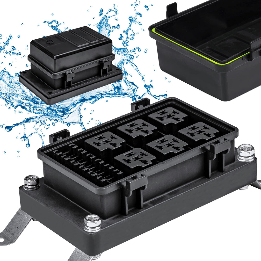 True Mods 12V DC Auto Waterproof Fuse 5-Pin Relay Box Block [6 Bosch Style Relay Holder] [6 ATC/ATO Fusible Holder] Universal Relay Block Box for Automotive Vehicles Cars Marine Boat Light Equipment