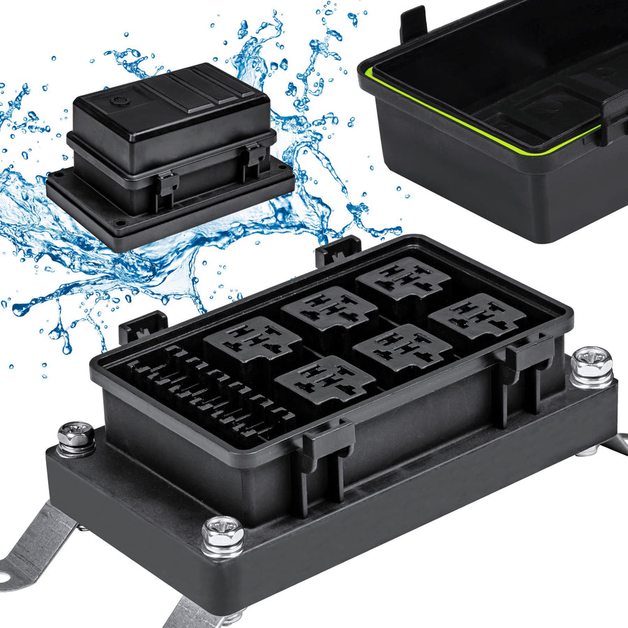 True Mods 12V DC Auto Waterproof Fuse 5-Pin Relay Box Block [6 Bosch Style Relay Holder] [6 ATC/ATO Fusible Holder] Universal Relay Block Box for Automotive Vehicles Cars Marine Boat Light Equipment