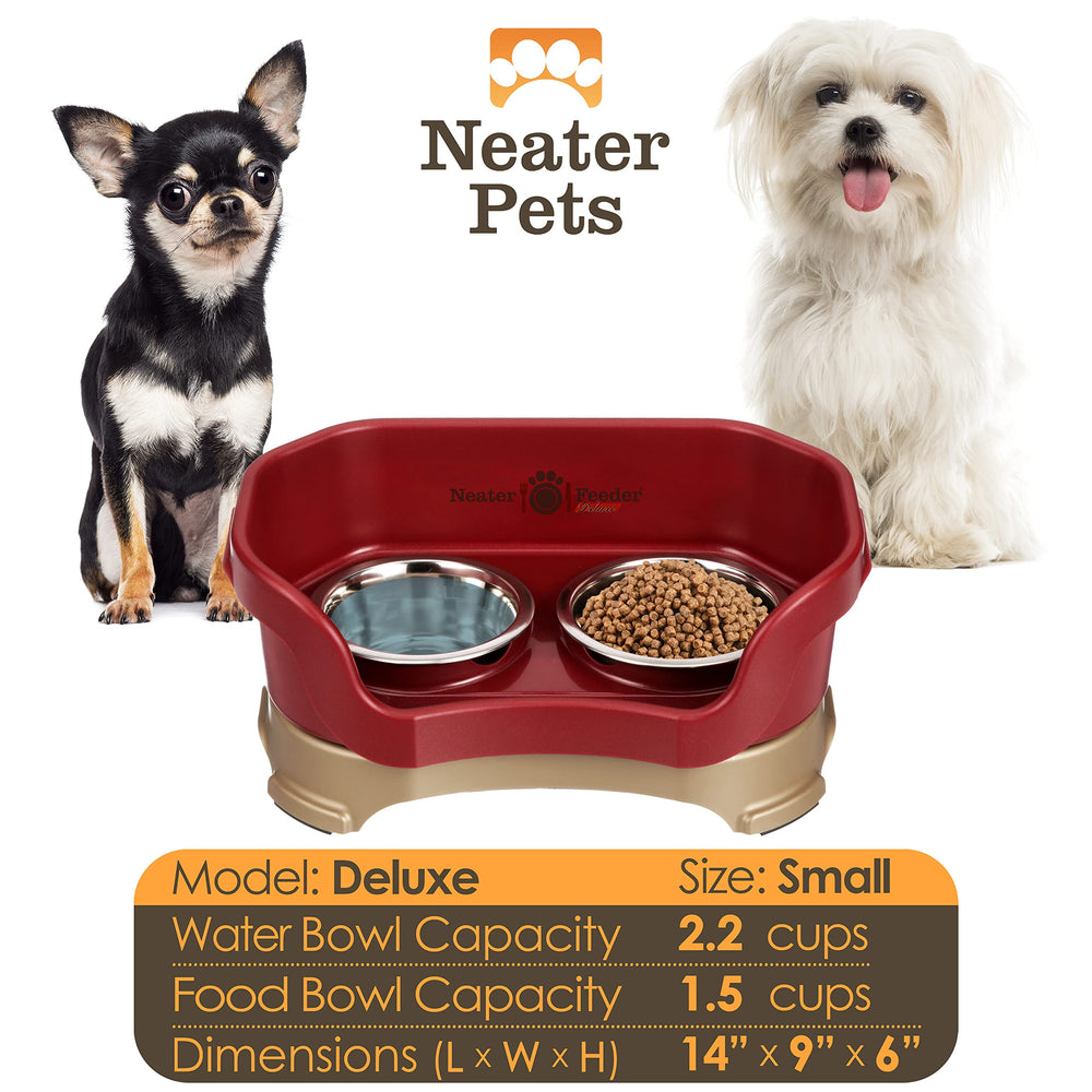 Neater Feeder Deluxe Mess Proof Dog Bowls Elevated for Small Breed – Made in USA – No Spill Raised Dog Food Bowl Stand – Stainless Steel Food and Water Bowl Set, Pet Feeding Station, Cranberry
