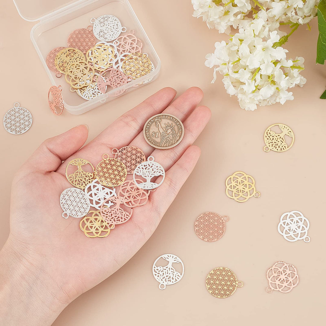 36Pcs Silver/Gold/Rose Gold Filigree Flower Pendants Tree of Life Brass Connector Charm (20mm) for DIY Necklace Earring Making