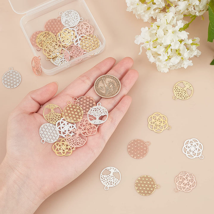 36Pcs Silver/Gold/Rose Gold Filigree Flower Pendants Tree of Life Brass Connector Charm (20mm) for DIY Necklace Earring Making