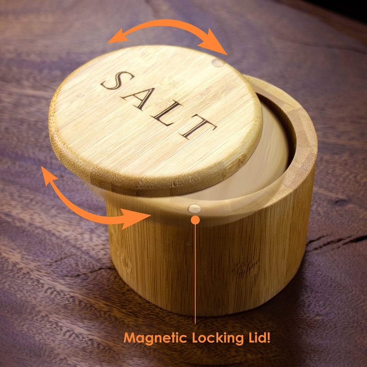 Salt Cellar Bamboo Storage Box with Magnetic Swivel Lid, 6 Ounce Capacity, Salt Engraved on Lid