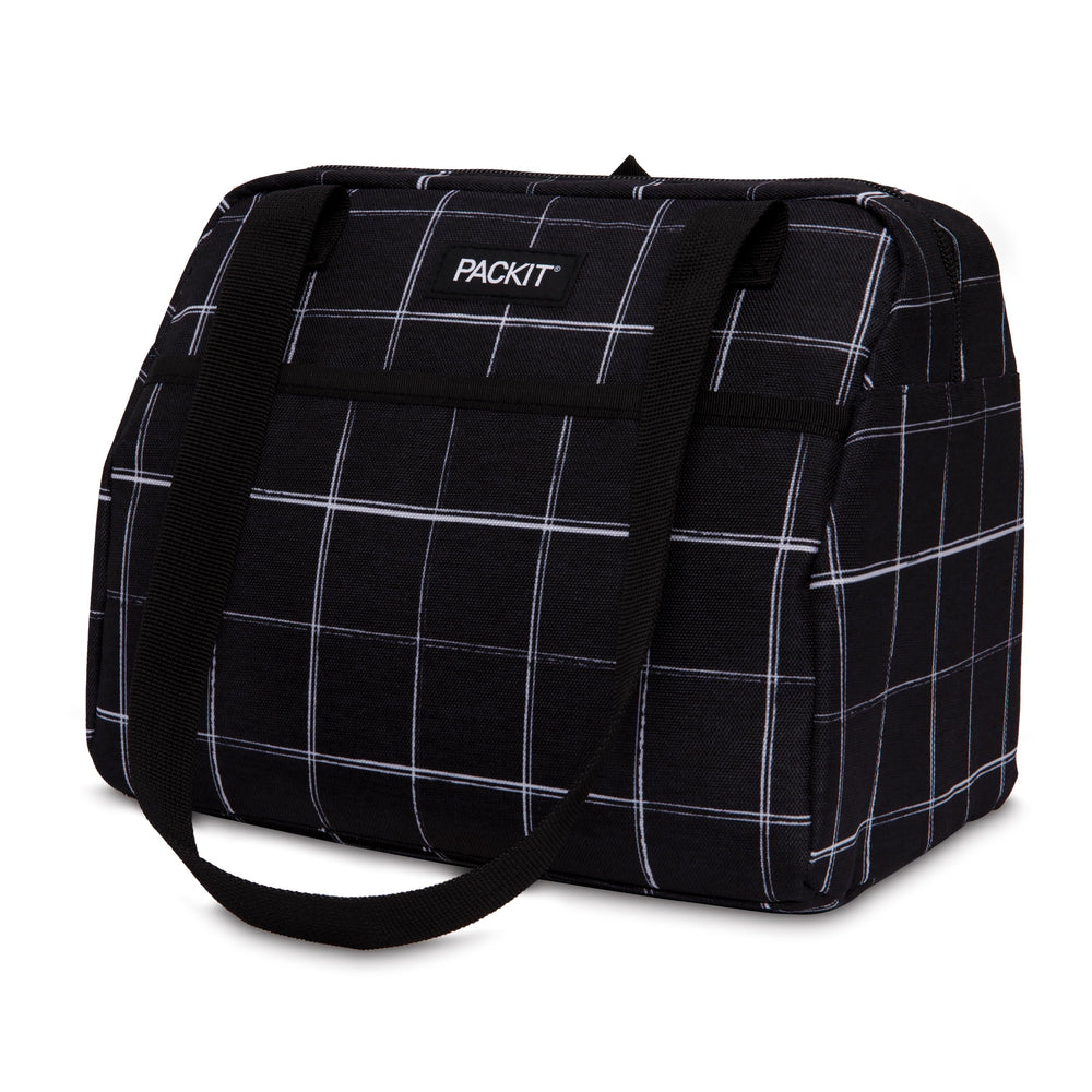 Freezable Hampton Lunch Bag, Black Grid, Built with EcoFreeze Technology, Collapsible, Reusable, Zip Closure with Front Pocket and Shoulder Straps, Perfect for Tweens and Adults