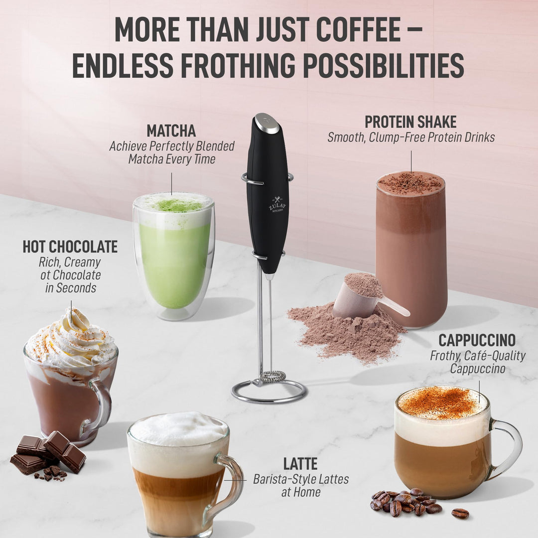 Zulay Kitchen Powerful Milk Frother Wand With 2 Duracell Batteries - Ultra Fast Handheld Drink Mixer - Electric Whisk Foam Maker for Coffee, Lattes, Cappuccino, Matcha, Hot Chocolate & Creamer - Black