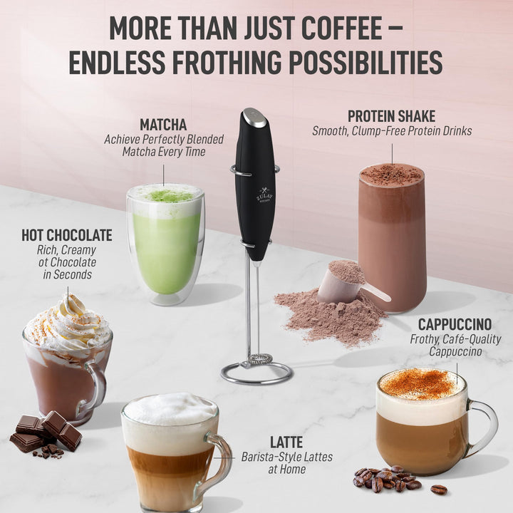 Zulay Kitchen Powerful Milk Frother Wand With 2 Duracell Batteries - Ultra Fast Handheld Drink Mixer - Electric Whisk Foam Maker for Coffee, Lattes, Cappuccino, Matcha, Hot Chocolate & Creamer - Black