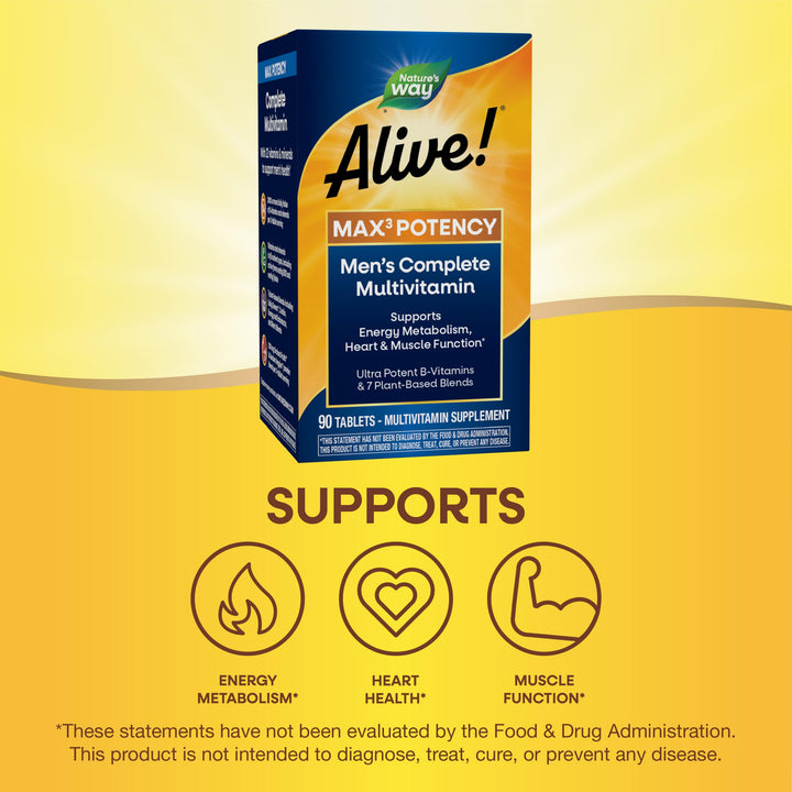 Nature’s Way Alive! Men’s Max3 Potency Multivitamin, Supports Energy Metabolism*, Heart &amp; Muscle Function*, with Methylated B12 and Folate, Gluten-Free, 90 Tablets (Packaging May Vary)