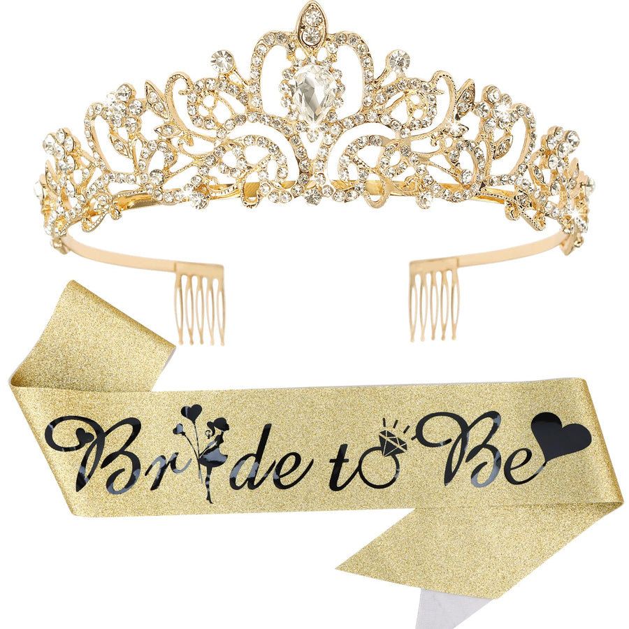 Bride To Be Set,Rhinestone Tiara & Bride To Be Sash,Gold Bachelorette Party Decorations,Bridal Shower Gift,Crowns for Women