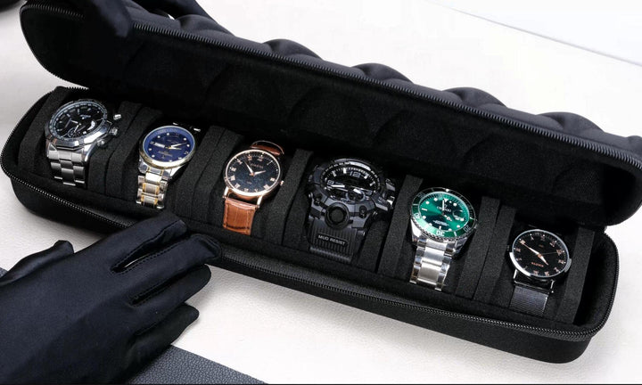 Watch roll travel case organizer for 6 watches, Storage Organizer and Display with innovative watch pillow, fit large up to 60mm faced watches (Black, 6 Slot)