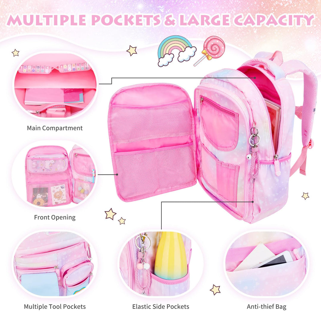 Girls Backpack, School Backpacks 16 * 11.5 * 6.7in for Girls, Cute Book Bag with Compartments for Girl Kid Students Elementary School, Pink