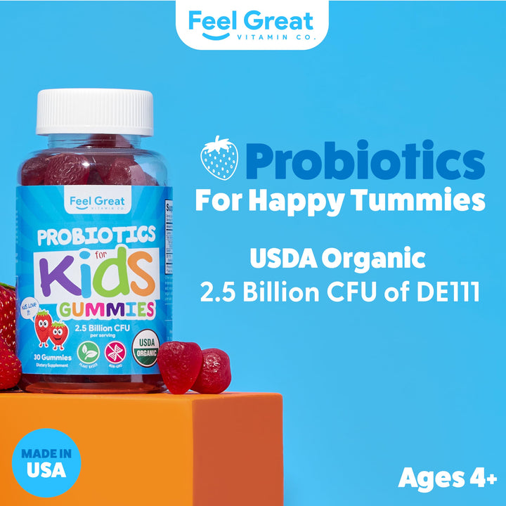 Feel Great USDA Organic Kids Probiotics Gummies | Chewable Strawberry Probiotics for Digestive Health &amp; Immune Support | Plant Based Probiotic &amp; Prebiotic for Kids | 30 Count