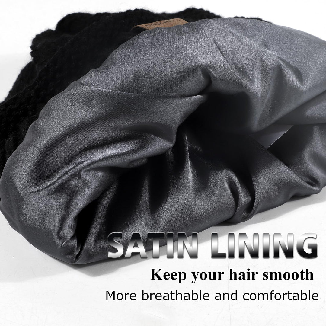 Womens Satin Lined Winter Hats Cable Knit Beanie for Men Silk Lining Thick Chunky Cap Soft Slouchy Warm Hat Black