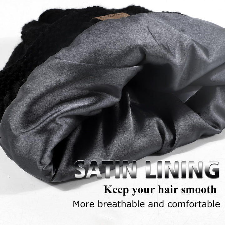 Womens Satin Lined Winter Hats Cable Knit Beanie for Men Silk Lining Thick Chunky Cap Soft Slouchy Warm Hat Black