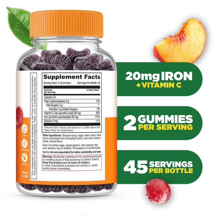 Lifeable Iron Gummies | 20mg | with Vitamin C | Great T