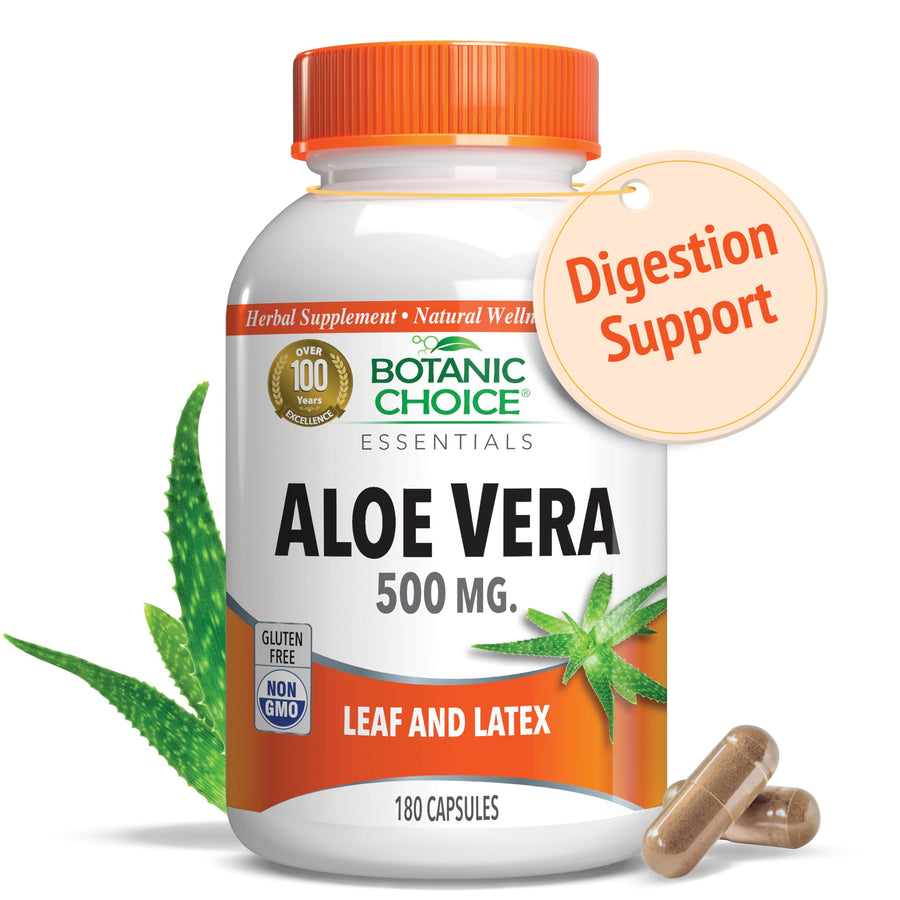 Aloe Vera- Leaf and Latex, Digestive, Liver, Stomach health-Contains Amino Acids, Vitamins, Minerals, Enzymes- 500mg-Gluten Free, Non-GMO-180 capsules