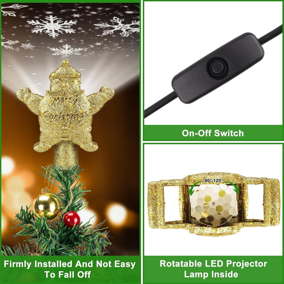 Christmas Tree Topper, Santa Claus Tree Topper with LED Rotating Snowflake Projector Lights, 3D Hollow Santa Claus Tree Topper for Tree Decorations