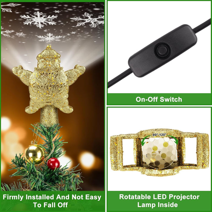 Christmas Tree Topper, Santa Claus Tree Topper with LED Rotating Snowflake Projector Lights, 3D Hollow Santa Claus Tree Topper for Tree Decorations