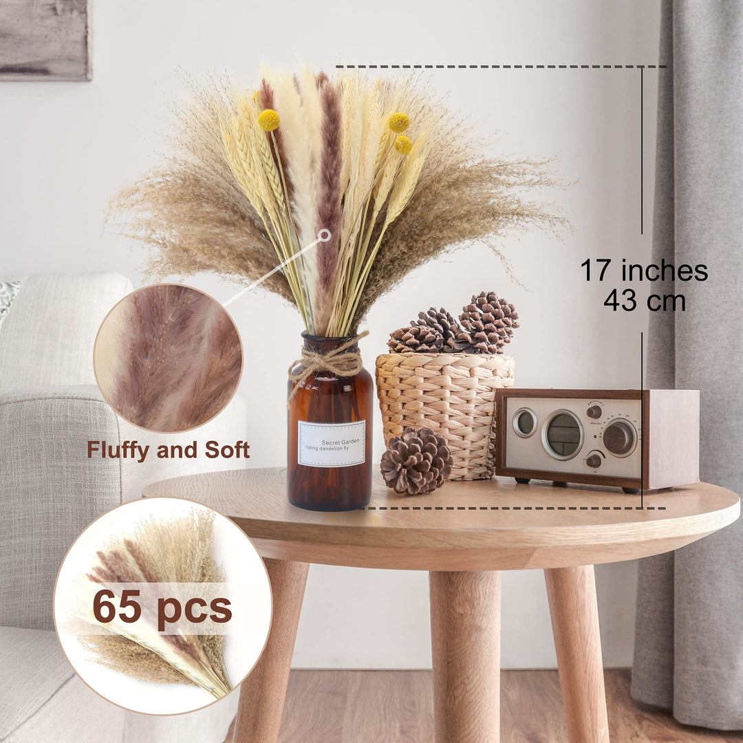 65Pcs Pampas Grass,Large Fluffy Artificial Grass Decor Tall,Non Shedding Boho Natural Dried Pompass Branches,Pampas Plants Faux Reed Flower Stems Bunch for Wedding, Brown, 17 Inch