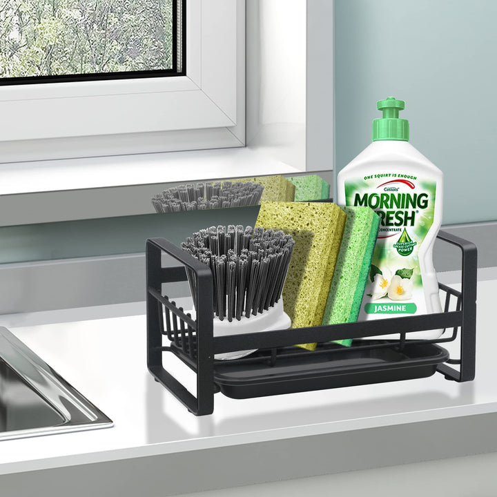 Kitchen Sponge Holder for Sink, Kitchen Sink Caddy Organizer, Sink Tray Drainer Rack, Dish Rags Brush Soap Storage Countertop with Removable Front Drain Pan - Black