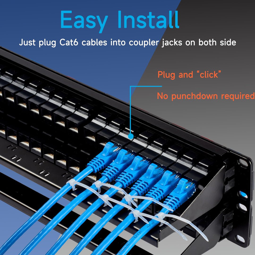 48 Port RJ45 Patch Panel Cat6 Feed Through, Coupler Network Patch Panel 19 Inch, Inline Keystone Ethernet Patch Panel with Back Bar