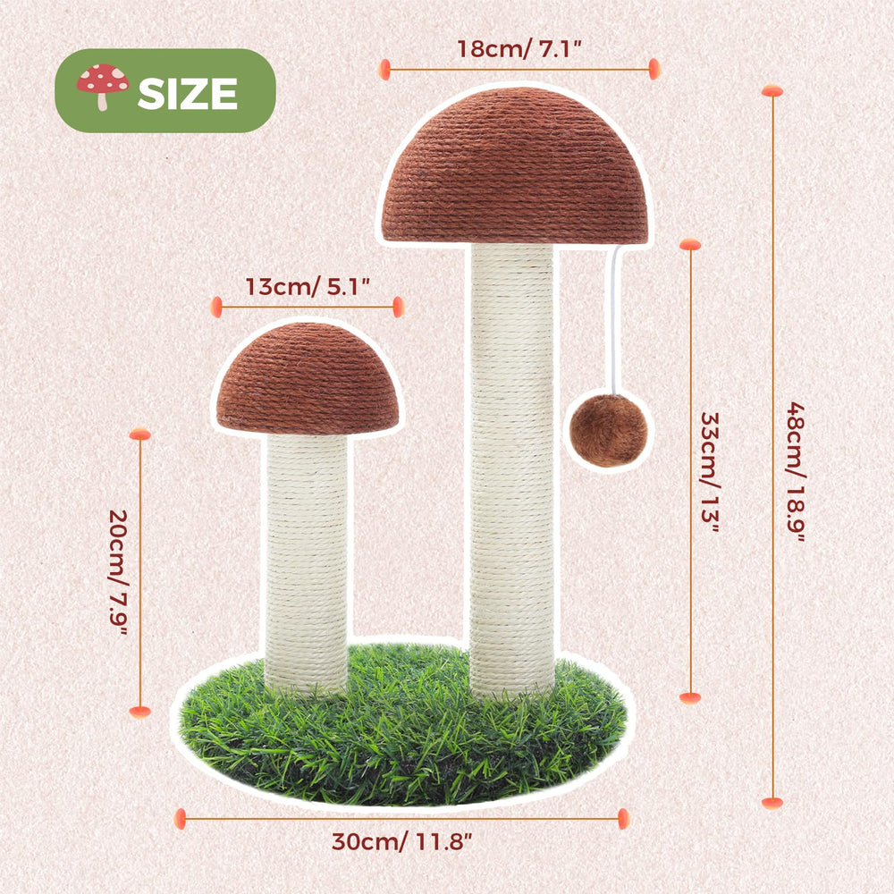 Cat Scratching Post, Mushroom Tall Cat Scratcher Featuring with Natural Sisal Scratching Poles and Interactive Toy Ball for Kittens and Small Cats (Brown)