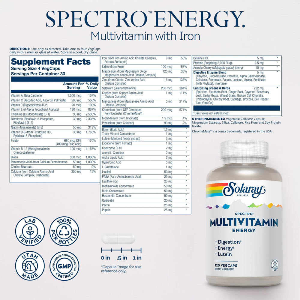 Spectro Energy Multivitamin for Women and Men - Cellular Energy, Digestion, Eye Health and Immune Support - w/Vitamin A, Vitamin B Complex, CoQ10, Iron, Enzymes, Lutein - 30 Serv, 120 VegCaps