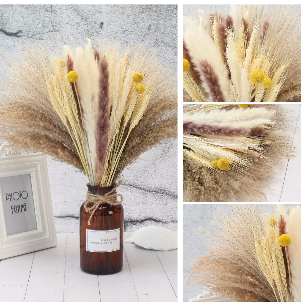 65Pcs Pampas Grass,Large Fluffy Artificial Grass Decor Tall,Non Shedding Boho Natural Dried Pompass Branches,Pampas Plants Faux Reed Flower Stems Bunch for Wedding, Brown, 17 Inch
