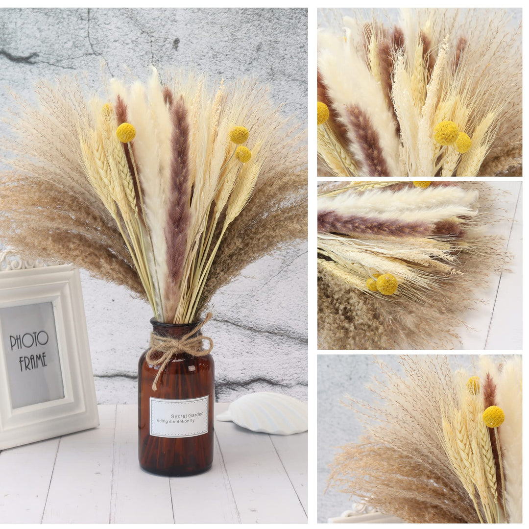 65Pcs Pampas Grass,Large Fluffy Artificial Grass Decor Tall,Non Shedding Boho Natural Dried Pompass Branches,Pampas Plants Faux Reed Flower Stems Bunch for Wedding, Brown, 17 Inch